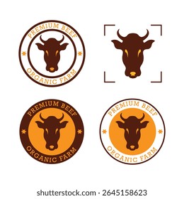 Conjunto de logotipo de agricultura orgânica de carne bovina premium. Logotipo vetorial editável com cabeça de touro para talho, loja de carnes ou marca de gado
