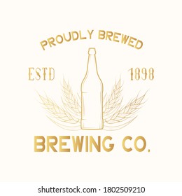 Premium beer brewery golden label, badge. Craft company emblem with bottle and malt, barley, wheat ears. Vector illustration with gold vintage brand design.