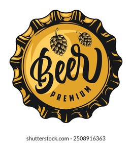 Premium beer colorful vintage sticker with golden cap depicting malt fruits for pub menu design vector illustration