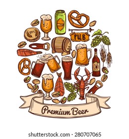 Premium beer concept sketch with jugs can opener bottle cask cap snacks hops nuts crayfish and shrimps vector illustration