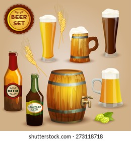 Premium beer foam head glasses and  wooden mug and barrel icons composition advertisement poster abstract vector illustration