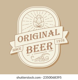 Concepto de etiqueta de cerveza premium. Etiqueta de calidad para la cervecería artesanal. Plantilla de cerveza original. Diseño y burla para la página web. Dibujo vectorial plano de dibujos animados aislado en fondo beige