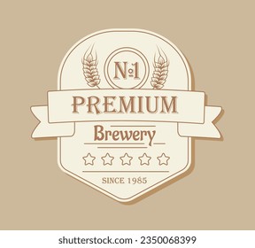 Premium beer label concept. Tag of quality for alcoholic drink. Brewery and hop product. Template, layout and mock up. Cartoon flat vector illustration isolated on beige background