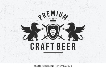 Premium Beer logo. Beerhouse vintage logo. Beer Store logo with heraldic Griffins and grain texture. Logo, Poster for pub, restaurant, beer shops, package design. Vector illustration