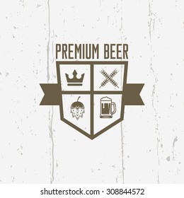 Premium beer shield isolated vector vintage label on background with grunge texture