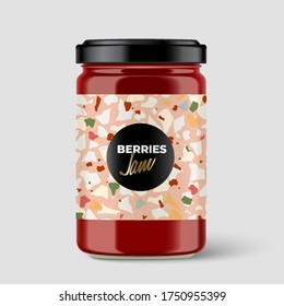 Premium Berries Jam glass container with Terrazzo pattern on label isolated on light grey background : Vector Illustration