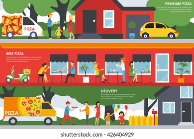 Premium Best Pizza and Delivery flat concept web vector illustration. People, Visitors, Waiters, Deliveryman, Car. Pizzeria presentation.