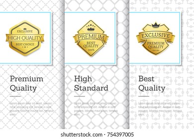 Premium best quality and exclusive choice, banners with golden stickers, image of crown, headlines and text sample vector illustration golden labels