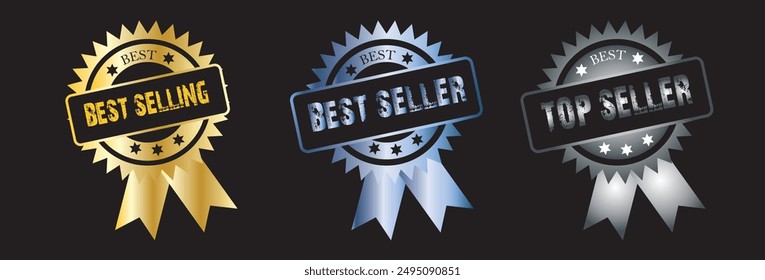 Premium Best selling stamp in the rubber style set, best selling tags, seal tag, Best selling stamp with ribbon, Top badge, vector, award design