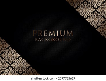 Premium-schwarzer Hintergrund in horizontalem Format mit goldenen Zierecken und zentralem Textbereich. Vektorgrafik