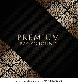 Premium black background with ornamental golden corners and centered space for text. Vector