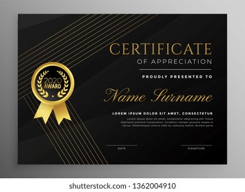 Premium Black Certificate Template With Golden Lines