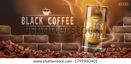 Premium black coffee beans ad design in 3d illustration with roasted coffee beans by a wall