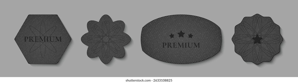 Coleção de remendos de tecido denim preto premium - etiquetas de material de calça preta de várias formas. Texturizados de tecido de algodão emblemas com padrão de listras. Vetor realista definido para a marca de design de moda.