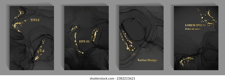 Premium Black Friday banner backgrounds collection vector design. Black waves fuid backgrounds, gold drop splats. Sale banners, fashionable covers.