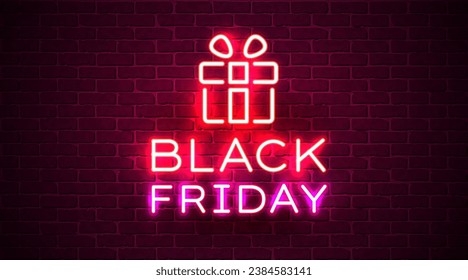Premium black friday promo banner. Neon sign on a black brick wall. Vector illustration