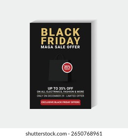 Premium Black Friday sale flyer template featuring bold fonts, dark layout, and a 35% discount highlight. Perfect for USA online store promotions and tech or fashion ecommerce banners