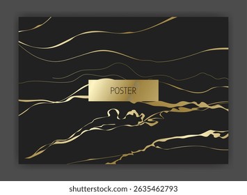 Premium black and gold marble background. Luxury poster, creative acrylic golden texture, horizontal invitation card or postcard. Brochure, flyer and menu cover, notebook design. Vector illustration