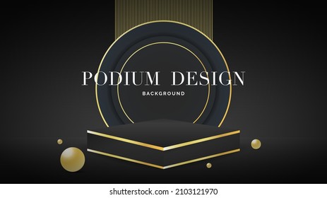 Premium Black Gold Podium and Golden Balls on black  background , 3D stage podium display product , stand to show cosmetic products ,illustration 3d Vector EPS 10