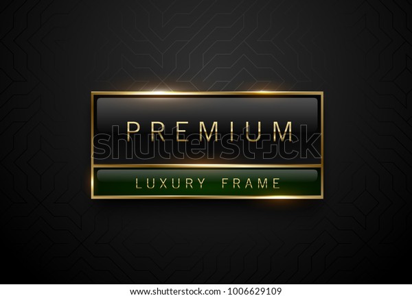 Premium\
black green label with golden frame on black geometric background.\
Dark luxury logo template. Vector\
illustration