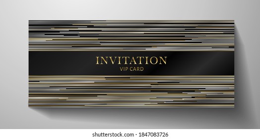 Premium black invite VIP card template with gold, silver horizontal line pattern on background. Deluxe stripe texture for holiday invitation design (formal event), luxury gift certificate, voucher