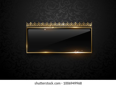 Premium black label with golden frame sparks and crown on black floral pattern background. Dark vip template. Vector illustration