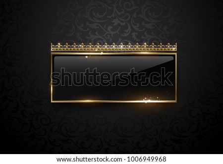Premium black label with golden frame sparks and crown on black floral pattern background. Dark vip template. Vector illustration