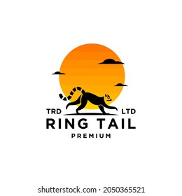 Premium black lemurs ring tail with sunset vector logo design isolated white background