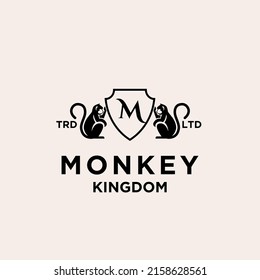 premium black monkey kingdom with shield and letter m logo vector illustration design