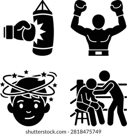 Premium black silhouette icon set showing boxing punching, knockout celebration, dizzy stars head, corner rest isolated white background flat vector minimalist grid design high quality