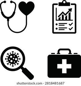 Premium black silhouette icon set showing stethoscope heart, medical report chart, magnifying glass virus, first aid kit isolated white background flat vector minimalist grid design