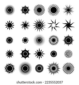 Juego de símbolos vectoriales de iconos de sol negro premium. Fondo wahita