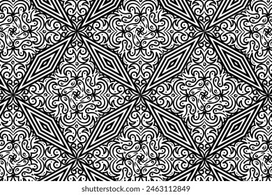 Premium Schwarz-Weiß Batik nahtlose Muster Vektorgrafik Grafik Illustration Hintergrund Luxus 4 Sterne Muster