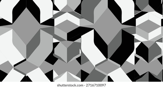 Padrão perfeito em preto e branco com profundidade 3D. Ideal para embalagens de luxo, planos de fundo tecnológicos, impressões têxteis e marcas corporativas de alto nível.
