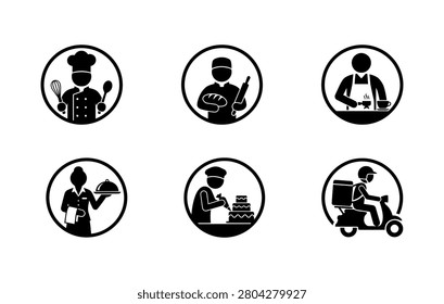 Premium black and white vector illustration collection showcasing essential hospitality roles including chef with utensils baker holding bread barista making coffee server with tray cake decorator working on pastry and food delivery courier riding scooter in circular designs