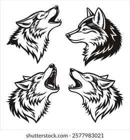 Premium Black and White Wolf Head Vector Set - Intricate and Sophisticated Designs	