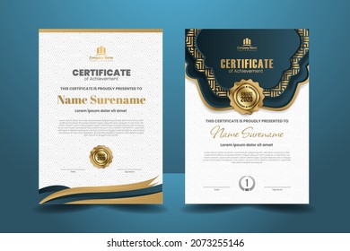 Diseño de plantilla de certificado azul premium con ornamento púrpura. Ilustración vectorial