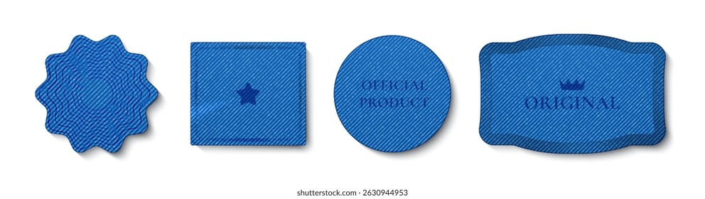 Coleção de remendos de tecido jeans azul Premium - etiquetas de material jeans clássicas de várias formas. Texturizados de tecido de algodão emblemas com padrão de listras. Vetor realista definido para a marca de design de moda.