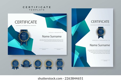 Plantilla de certificado moderno de degradado azul premium. Plantilla de certificado de logro azul con placa de premio, diploma, logro, negocio, honor, elegante, plantilla de documento