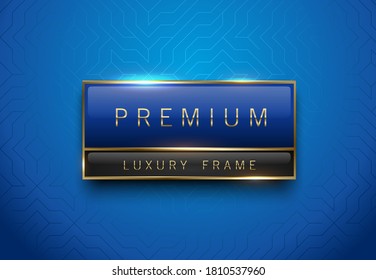 Premium blue green label with golden frame on classic blue geometric background. Glossy luxury logo template. Vector illustration