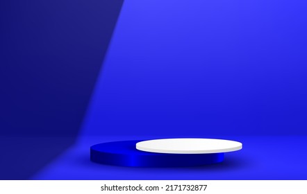 Premium blue podium with shadow indoor platform scene for product display presentation.