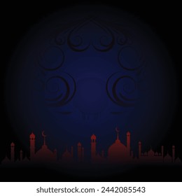Premium blue Vector template for the celebration of Eid al-Fitr, Eid al-Adha, Ramadan, Islamic New Year, and others with premium and elegant designs. Floral effect. Mosque at bottom. Editable. EPS 10