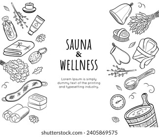 Premium body care vector banner template. Sauna and wellness. Set of doodle hand drawn elements. 