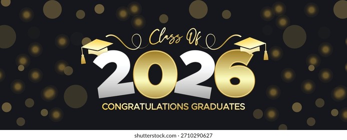 Premium bold Class of 2026 Graduierungsbanner mit metallisch goldenem Text und modernem dunklem Hintergrund