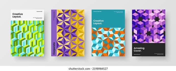 Premium booklet vector design illustration collection. Fresh mosaic pattern corporate brochure template bundle.