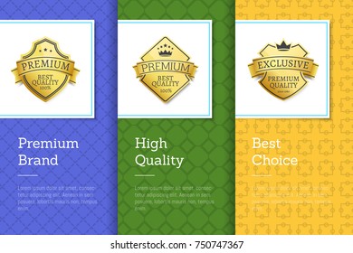 Premium brand high quality best choice set of posters with golden labels, certificate stamps isolated on abstract background vector banners collection
