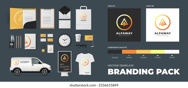 Paquete de marca premium con logotipo de círculo dorado y triángulo dentro