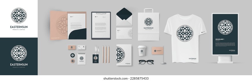 Premium branding template. Lux ornament vector logo and dark blue background. Mock up pack of folder and A4 form, envelope and business card, paper bag and notepad, ID badge and street lightbox.