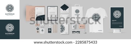 Premium branding template. Lux ornament vector logo and dark blue background. Mock up pack of folder and A4 form, envelope and business card, paper bag and notepad, ID badge and street lightbox.