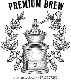 Tipografía de la cerveza de Premium con el molinillo de café para el logotipo de la cafetería, insignia fresca de la bebida de la mañana, emblema del asado del grano y aislado en la ilustración gráfica transparente de la cocina